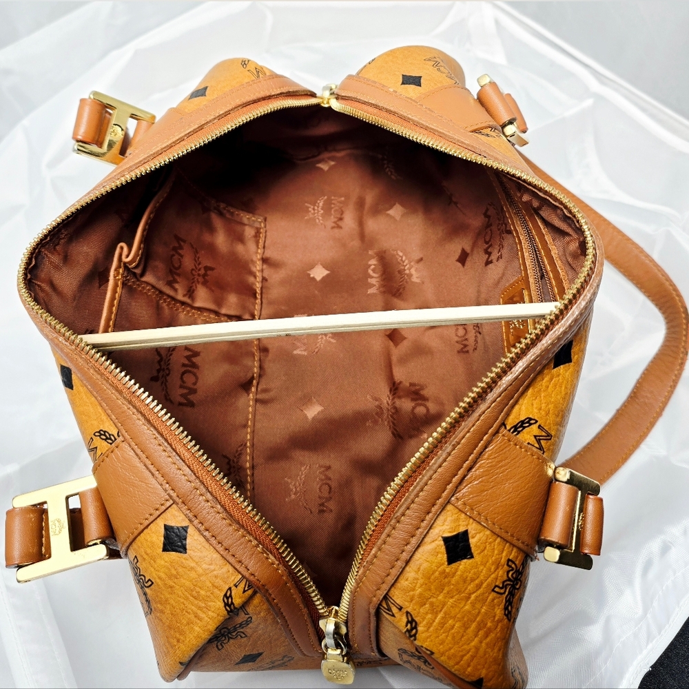 MCM Visetos Monogram Leather Barrel Shoulder Bag in Cognac Brown - Picture 13 of 14